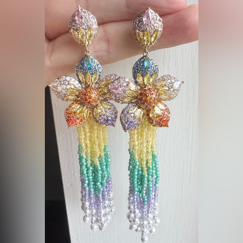 Handmade Crystal Flower Tassel Earrings | Multicolor Petal Statement Earrings